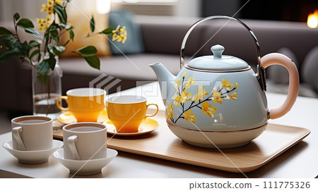 Electric kettle and mugs with poured tea stand on a modern wooden table 111775326