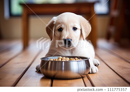 A small puppy eats food from a bowl. The puppy is smiling and lying on the floor A small puppy eats food from a bowl. The puppy is smiling and lying on the floor 111775357