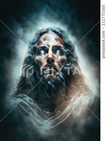 Jesus Christ in Heaven. Ascension of Christ. Glowing eyes, aura and lights arround Jesus. Generative AI 111775385