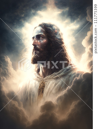 Jesus Christ in Heaven surrounded by clouds and light portrait. Ascension of Christ. Son of God our Lord saviour. AI Generative 111775399