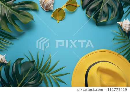 AI-generated content. Vacation concept - hat, glasses and tropical leaves on blue background AI-generated content. Vacation concept - hat, glasses and tropical leaves on blue background 111775419