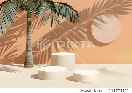 AI-generated content. Product display scene with three podiums, summer style and palm tree 111775433