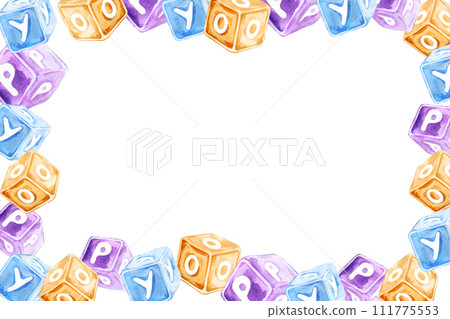 watercolor horizontal frame of child theme with lilac, blue and purple wooden toys cubes with letters, hand drawn kid's illustration on white background watercolor horizontal frame of child theme with lilac, blue and purple wooden toys cubes with letters, hand drawn kid's illustration on white background 111775553