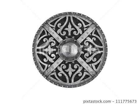Old decorated metal round shield isolated on white background 111775673