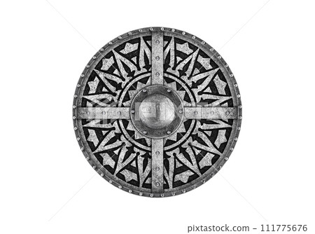 Old decorated metal round shield isolated on white background 111775676