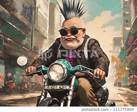 An old man with a mohawk riding a bike downtown 111775804