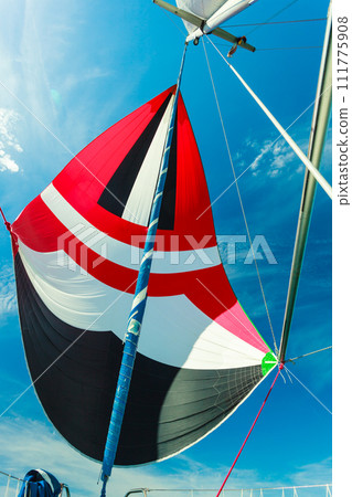 Spinnaker with uphaul, blue sky in background. 111775908