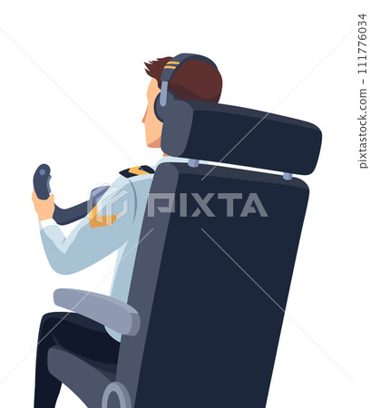 Airplane cockpit pilot. Back view of crew flying airplane. Pilot or copilot inside cockpit during flight. Vector cartoon illustration Airplane cockpit pilot. Back view of crew flying airplane. Pilot or copilot inside cockpit during flight. Vector cartoon illustration 111776034