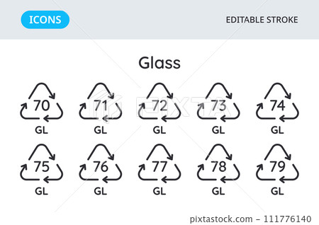Glass recycling codes icons. Triangular environmental symbols of materials. Set of elements on a white background. Editable stroke. 111776140