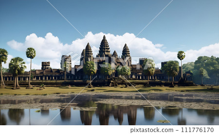 3d rendering of beautiful Angkor Wat Siem Reap Cambodia with dramatic blue sky. Generative AI 111776170