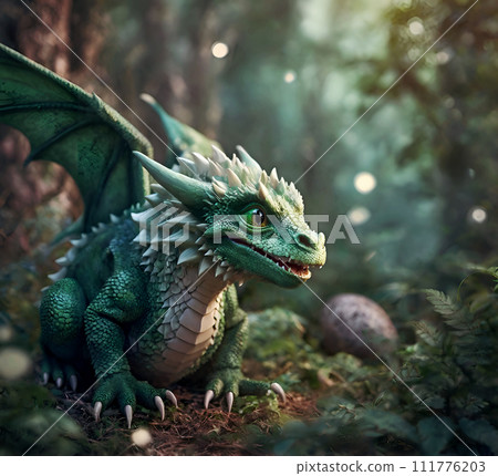 cute adorable smiling natural dragon baby with wings and horns seating in forest.   AI generated 111776203