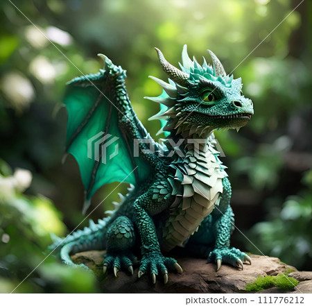 cute adorable serious natural dragon baby with wings and horns seating at stone near waterfall.  2024 year chinise symbol. AI generated 111776212
