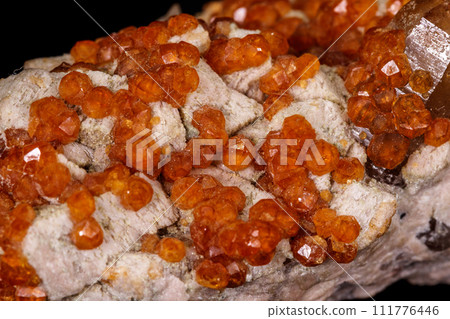 macro mineral stone Grossular, Garnet, Epidote on a black background 111776446