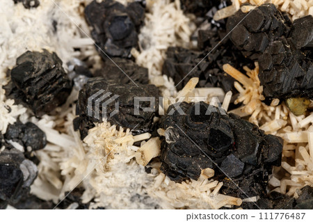 Macro stone mineral Pyrrhotite, quartz, Sphalerite, calcite, Galena on white background 111776487