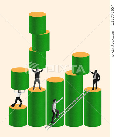 Employees, colleagues carrying analytical cylinders, working on development of promotional strategy. Contemporary art collage. Employees, colleagues carrying analytical cylinders, working on development of promotional strategy. Contemporary art collage. 111776654