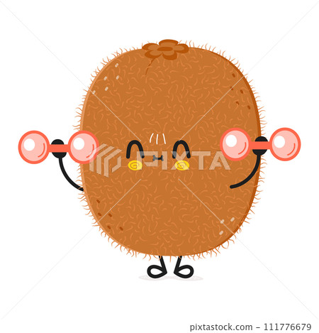 Cute funny Kiwi fruit character with dumbbells. Vector hand drawn cartoon kawaii character illustration icon. Isolated on white background. Kiwi fruit character gym concept 111776679