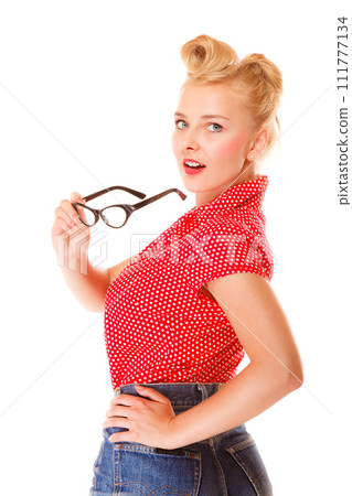 beautiful girl retro hairstyle holds glasses isolated 111777134