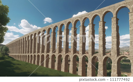 Beautiful view of Roman aqueduct in Segovia, Castilla y Leon, Spain. Generative AI Beautiful view of Roman aqueduct in Segovia, Castilla y Leon, Spain. Generative AI 111777492