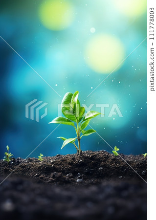 AI-generated content. Young plant sprouting from soil against magical bokeh backdrop, symbolizing growth and hope. Perfect for Earth Day, environmental campaigns, eco-conscious initiatives. Space for 111778003