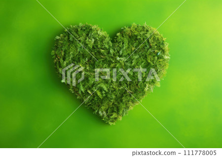 AI-generated content. A vibrant green moss heart on a matching background, ideal for Earth Day themes, symbolizing love for our planet. Generative AI. 111778005