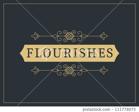 Flourishes calligraphic vintage ornamental background. Vector luxury invitation, restaurant menu or royalty certificate. Golden ornate page with swirls and vignettes elements Flourishes calligraphic vintage ornamental background. Vector luxury invitation, restaurant menu or royalty certificate. Golden ornate page with swirls and vignettes elements 111778073