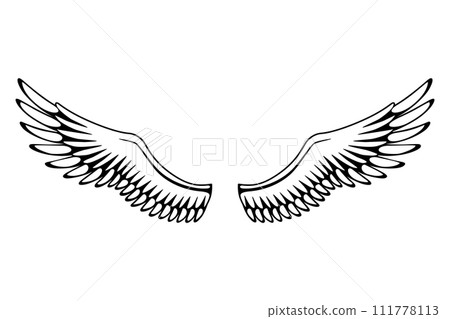 Wings sketch. Stylized birds wings. Hand drawn contoured stiker wing in open position. Vector design elements in coloring style 111778113