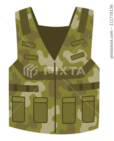 Military clothes, equipment for soldier. Woodland camouflage style, isolated icon. Isolated waistcoat. Flat cartoon, vector illustration Military clothes, equipment for soldier. Woodland camouflage style, isolated icon. Isolated waistcoat. Flat cartoon, vector illustration 111778136