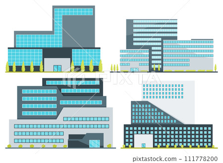 Hospital exterior front view with entrance in flat design. Medical hospital building icon set, isolated on white background. Vector illustration 111778200