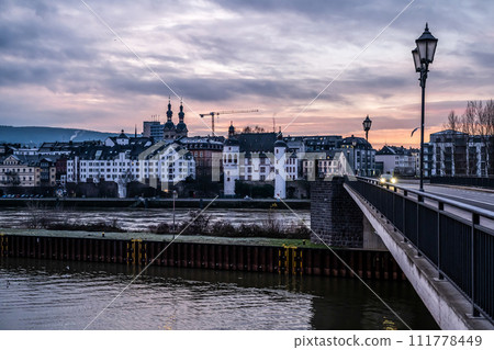Sunset colorfull sunrise in Koblenz, Germany view of Old Town at the Mosel river shoreline 111778449