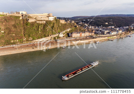 Ehrenbreitstein Fortress aerial panoramic view in Koblenz. Koblenz is city on Rhine, joined by Moselle river 111778455