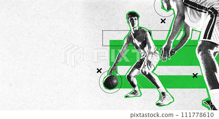 Poster. Dynamic movement. Two athlete men, playing basketball in action against background with geometry shapes. Modern aesthetic artwork. Grainy fabric effect. 111778610