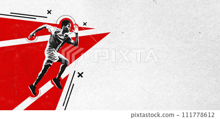 Poster. Modern aesthetic artwork. Africa-American athletic man fast running to finish. Grainy fabric effect. Copy space. 111778612
