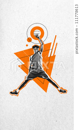Poster. Contemporary art collage. Athlete, Africa-American man, basketball player jumping with ball in action. Grainy fabric effect. 111778613