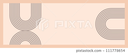 Minimalist geometric zen arches banner template with copy space for text. Abstract boho shapes in a retro aesthetic for versatile design use. Vector concept design Minimalist geometric zen arches banner template with copy space for text. Abstract boho shapes in a retro aesthetic for versatile design use. Vector concept design 111778654