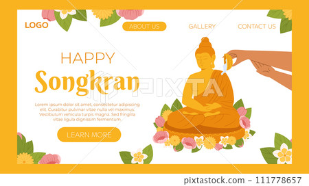 Songkran festival, traditional shower the monk sculpture, Thailand New Year. Hand Pouring water Buddha statue. Vector landing page website template in flat style for celebrating Songkran festival, traditional shower the monk sculpture, Thailand New Year. Hand Pouring water Buddha statue. Vector landing page website template in flat style for celebrating 111778657