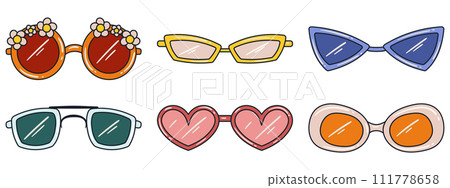 Set of different retro style, hippie sunglasses. Retro aesthetic vibe, 70's. Hand drawn vector flat style vector illustrations. 111778658