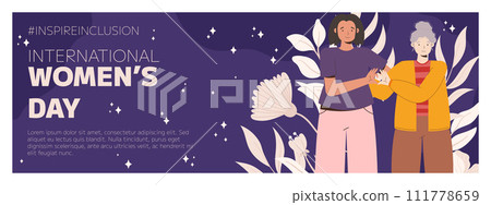 IWD Inspire Inclusion campaign, International Women's Day 2024 Horizontal banner template features a diversity of women making heart gesture with their hands. Vector illustration flat style 111778659