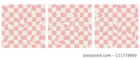 Set of Square Groovy Checkerboard Patterns. Psychedelic Abstract Grid Backgrounds Capture the 1970s Retro Style, Perfect for Web Design and Social Media. Features Pink and Beige Colors 111778660
