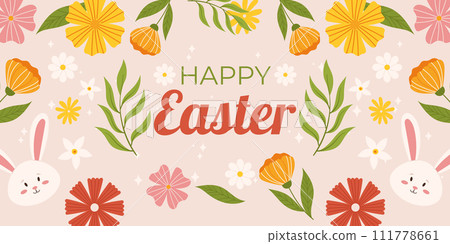 Happy Easter horizontal background template. Design with cute bunny, flowers and leaves around. 111778661