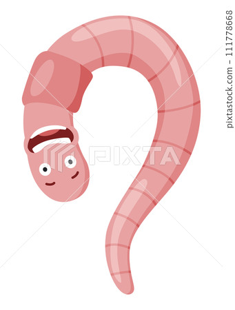 Funny worm. Pink crawler scared. Earth worm cartoon character, wildlife nature. Insect for kids illustration 111778668