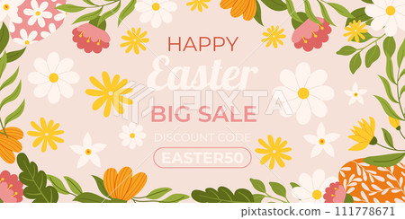 Happy Easter horizontal background template. Design with hand painted eggs and floral elements. Hand drawn flat vector illustration. 111778671
