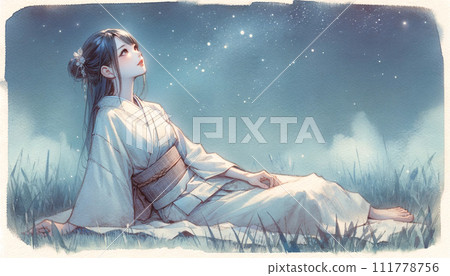 浴衣女孩看著星空 浴衣女孩看著星空 111778756