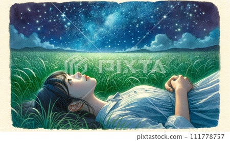 一個女孩仰躺著看著星空 111778757