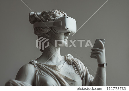 Antique marble sculpture with VR headset. Statue wearing virtual reality goggles, holding smartphone. Metaverse world exploring with VR glasses, VR games concept, futurism, modern technology and art. 111778783