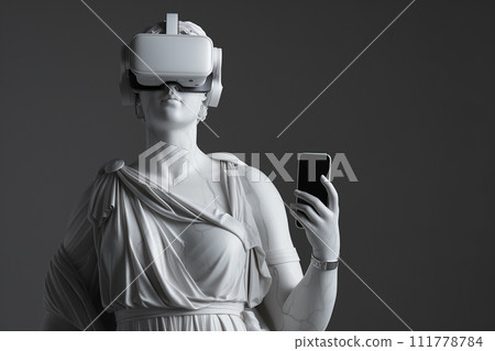 Antique marble sculpture with VR headset. Statue wearing virtual reality goggles, holding smartphone. Metaverse world exploring with VR glasses, VR games concept, futurism, modern technology and art. Antique marble sculpture with VR headset. Statue wearing virtual reality goggles, holding smartphone. Metaverse world exploring with VR glasses, VR games concept, futurism, modern technology and art. 111778784