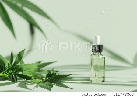 CBD Hemp oil in a dropper bottle. Cannabis oil with Marijuana plants around. Medical marijuana green leaves, alternative medicine. Oil extracts in a bottle, natural treatment, cosmetic component. 111778806