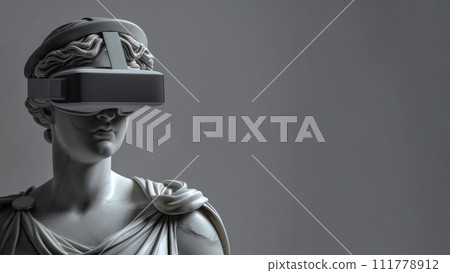 Antique marble sculpture with VR headset. Statue wearing virtual reality goggles. Metaverse world exploring with VR glasses, VR games concept, futurism, modern technology and art. 111778912
