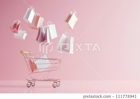 Shopping cart with flying bags. Sale, Black Friday concept, shopping season, purchase, discounts. Shopping cart full of different shopping bags on pink background. Promotion, marketing Shopping cart with flying bags. Sale, Black Friday concept, shopping season, purchase, discounts. Shopping cart full of different shopping bags on pink background. Promotion, marketing 111778941