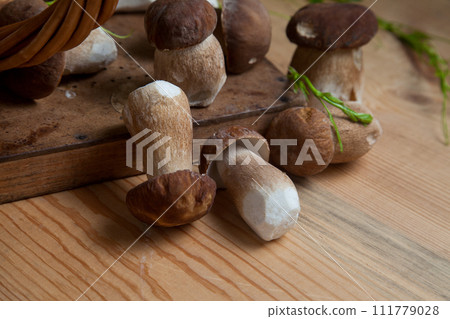 Selective focus on beautyfull porcini mushroom among the pile of wild porcini mushrooms on wooden background at autumn season.. Selective focus on beautyfull porcini mushroom among the pile of wild porcini mushrooms on wooden background at autumn season.. 111779028
