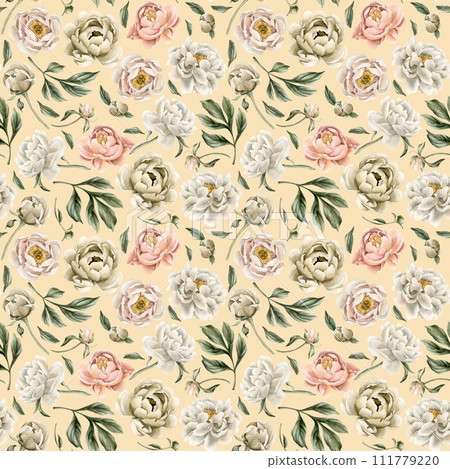 Floral watercolor seamless pattern with white beige and peach fuzz peony flowers, buds and green leaves on light pink background. For use in design, fabric, textile, scrapbooking, wallpaper, wrapping  111779220
